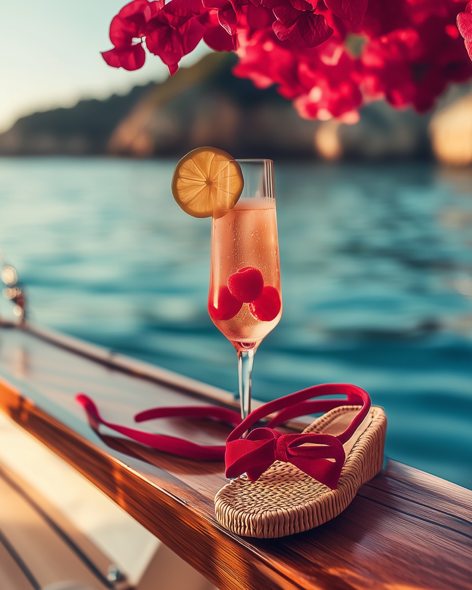 Cherry Mimosa Sunrise pairing — bright shoes with a cherry mimosa by Shoes & Booze