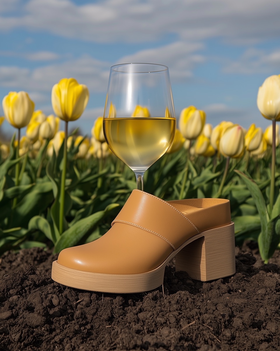 Cloggin Chardonnay pairing — clogs with a glass of chardonnay from Shoes & Booze